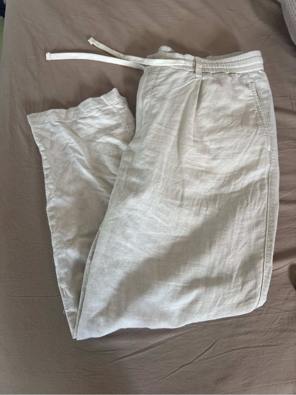 Mango Men's Light Beige Drawstring Linen-Blend Joggers